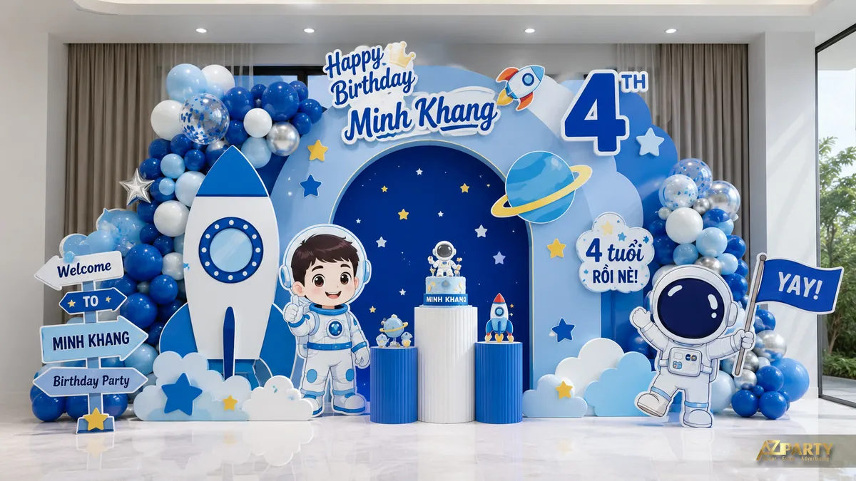 Mẫu sinh nhật phi hành gia xanh navy với tên lửa, số 4 và cụm bóng xanh trắng