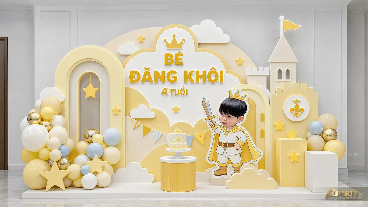 Góc sinh nhật vàng kem cho bé Đăng Khôi 4 tuổi với lâu đài và mô hình hoàng tử