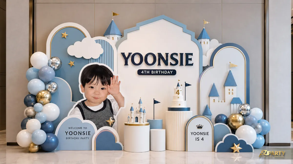 Backdrop lâu đài xanh pastel với mây, khinh khí cầu và bảng tên Yoonsie