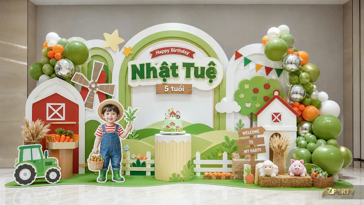 Chủ đề nông trại xanh lá với nhà gỗ, máy kéo và bảng tên Nhất Tuệ 5 tuổi