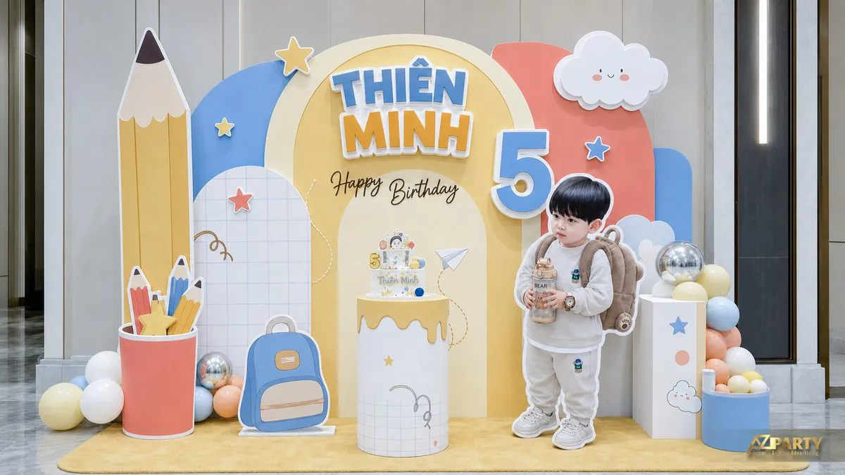 Mẫu sinh nhật bút chì xanh vàng với bảng tên Thiên Minh, mây và số 5