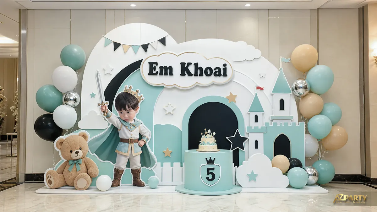 Backdrop đen trắng xanh mint với gấu nhỏ, nhà gỗ và bảng tên Em Khoai 5 tuổi