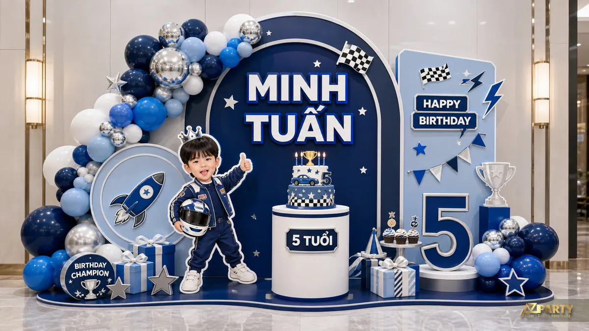 Chủ đề không gian xanh navy với tên Minh Tuấn, tên lửa và cụm bóng bạc