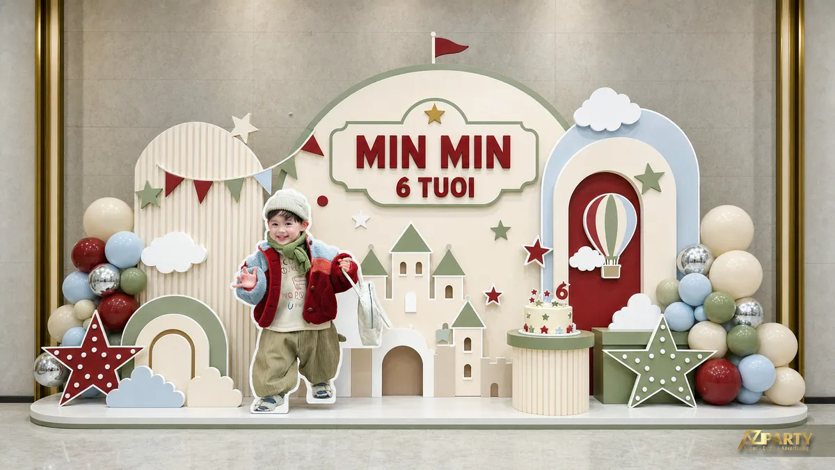 Backdrop lâu đài pastel cho bé Min Min 6 tuổi với cổng vòm và cụm bóng đỏ xanh