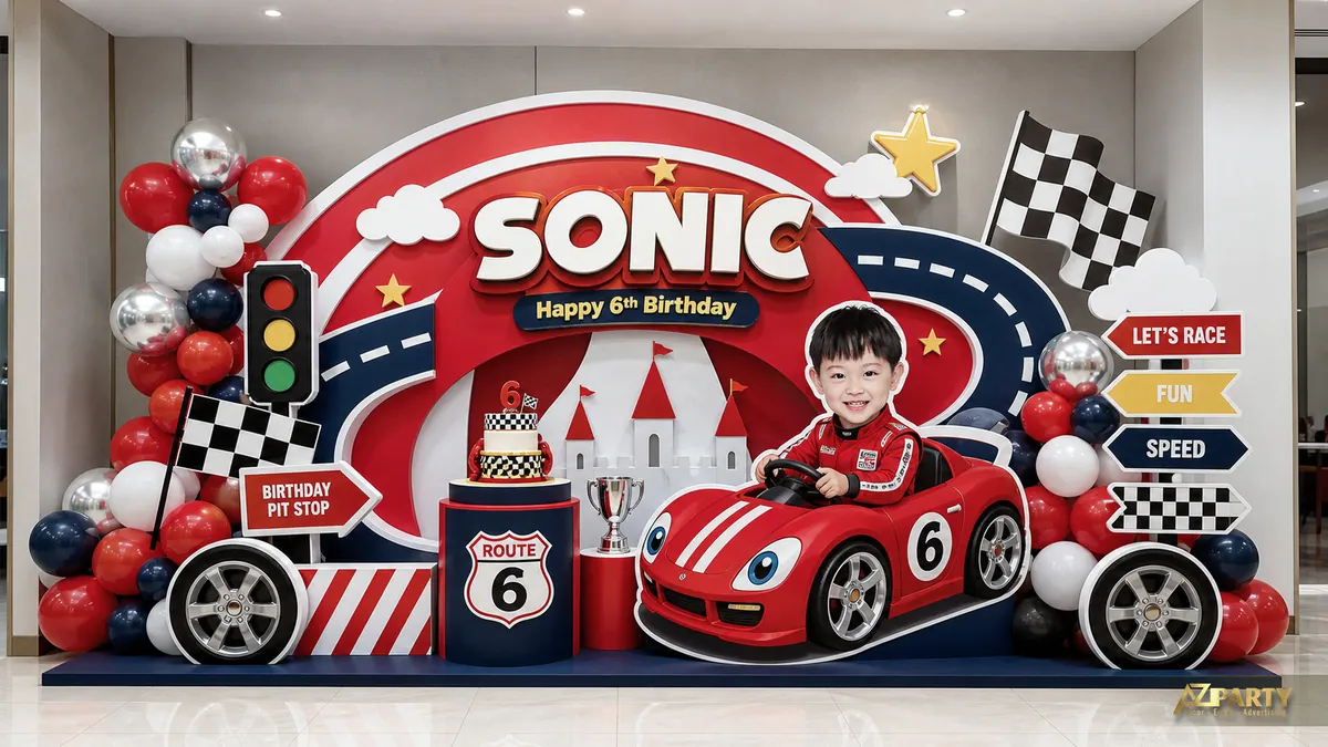 Chủ đề Sonic xe đua đỏ đen với xe hơi, cờ caro và bảng tên Quốc Anh 6 tuổi
