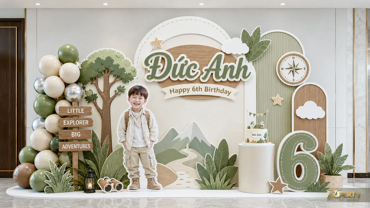 Chủ đề rừng xanh cho bé Đức Anh 6 tuổi với cây lá, bảng gỗ và tông xanh olive