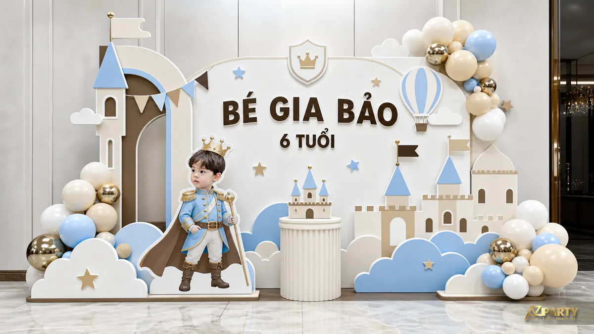 Góc sinh nhật hoàng tử cho bé Gia Bảo 6 tuổi với lâu đài xanh nhạt, mây và cụm bóng pastel