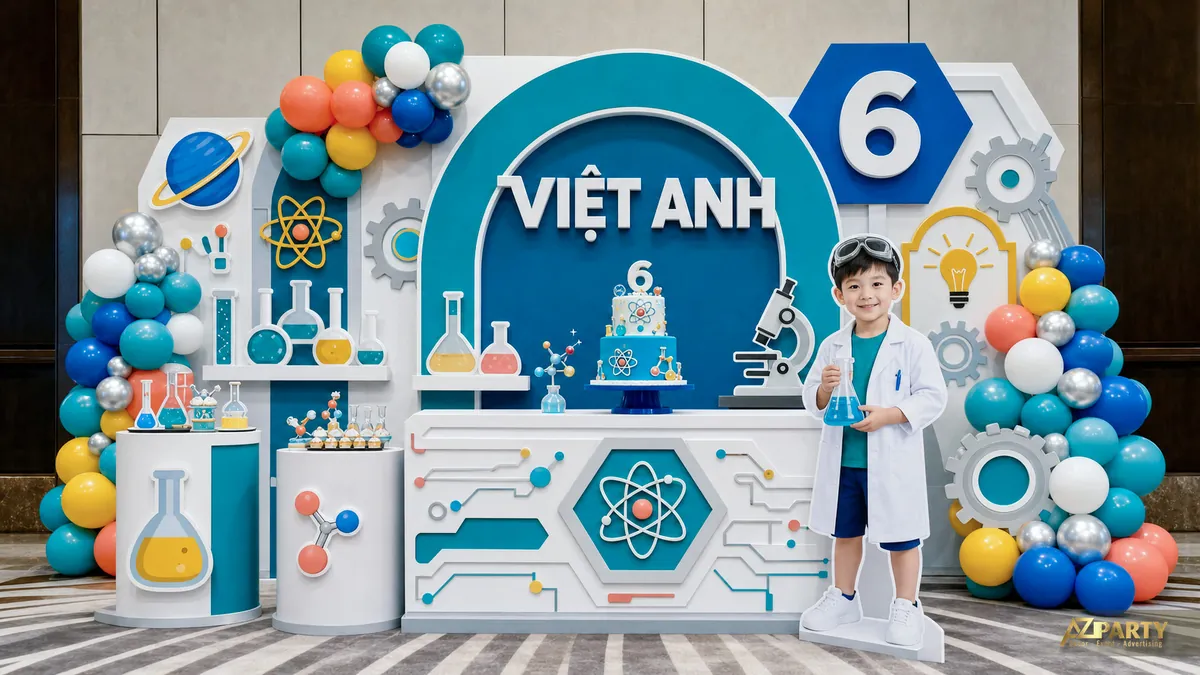Backdrop khoa học xanh dương cho bé Việt Anh 6 tuổi với mô hình hành tinh và cụm bóng nhiều màu