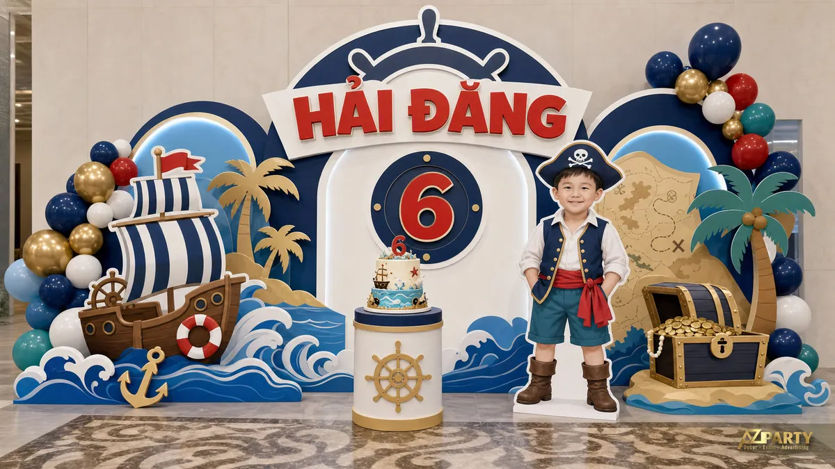Góc sinh nhật cướp biển xanh navy với thuyền buồm, rương kho báu và tên Hải Đăng 6 tuổi