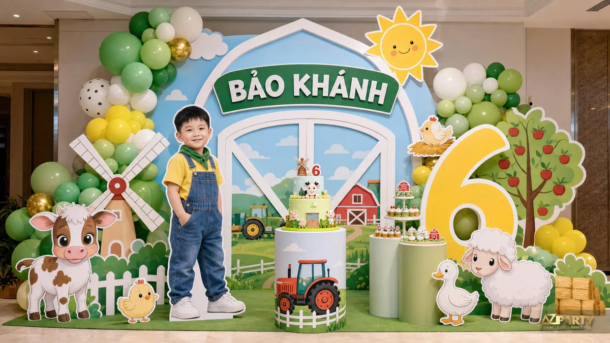 Mẫu sinh nhật nông trại xanh vàng với cừu, máy kéo và bảng tên Bảo Khánh 6 tuổi