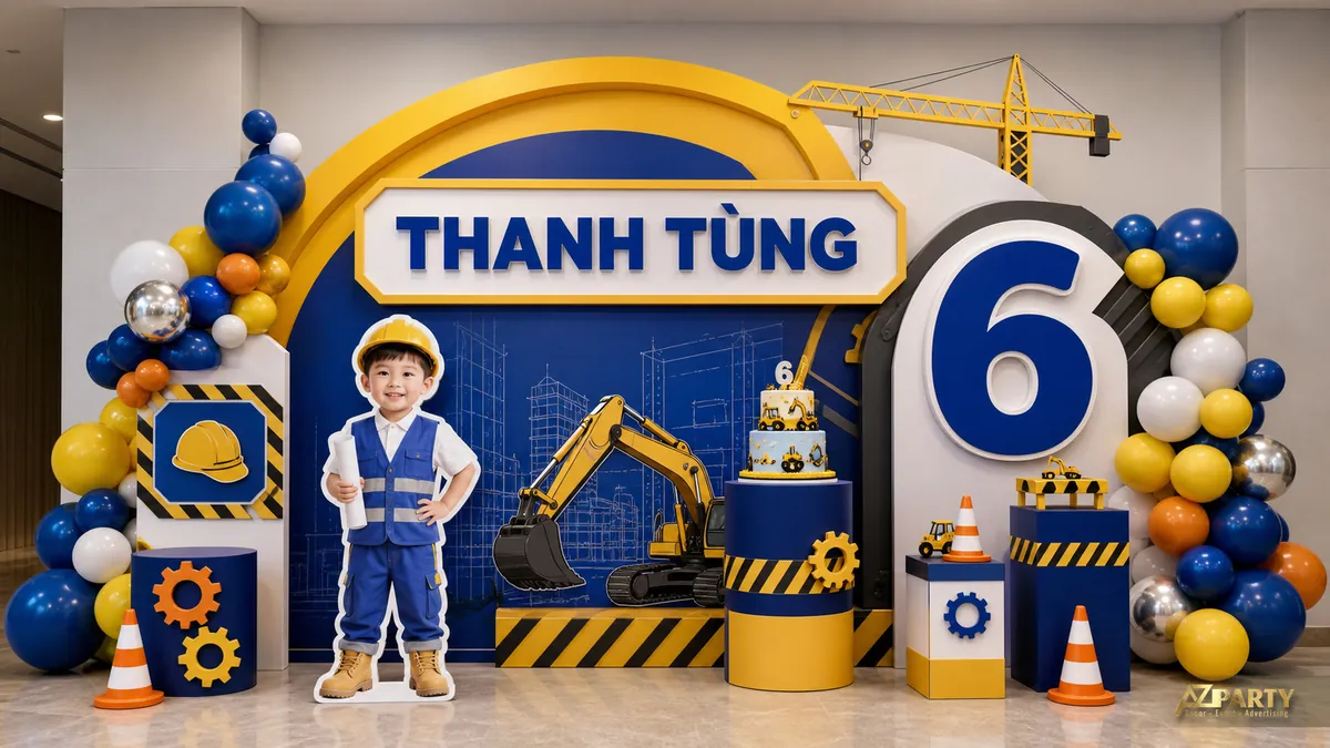 Backdrop công trường xanh vàng với máy xúc, cần cẩu và tên Thanh Tùng 6 tuổi