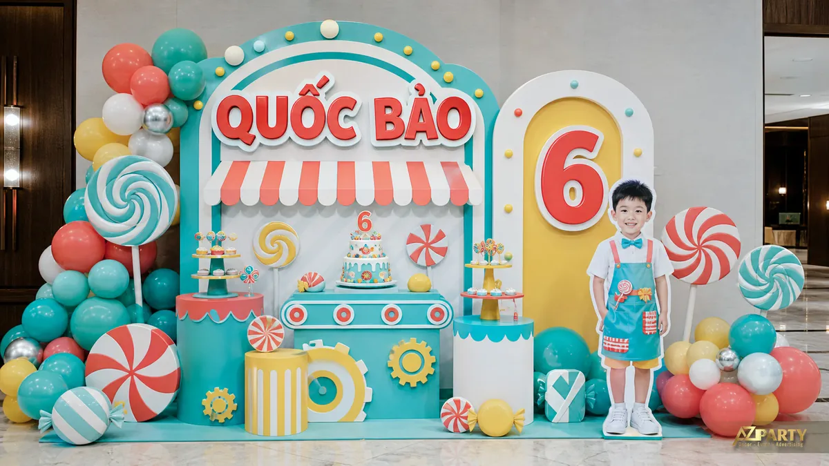 Góc tiệc kẹo ngọt xanh mint cho bé Quốc Bảo với số 6 và cụm bóng nhiều màu