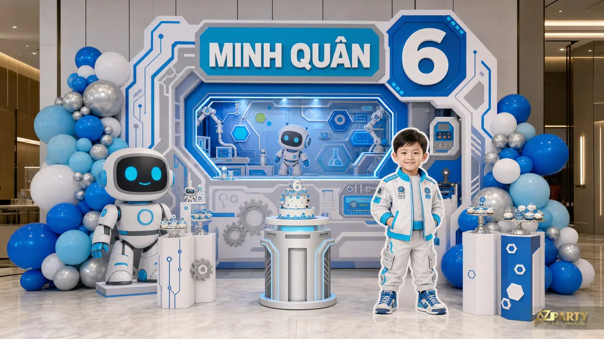 Chủ đề robot công nghệ xanh dương với bảng tên Minh Quân 6 tuổi