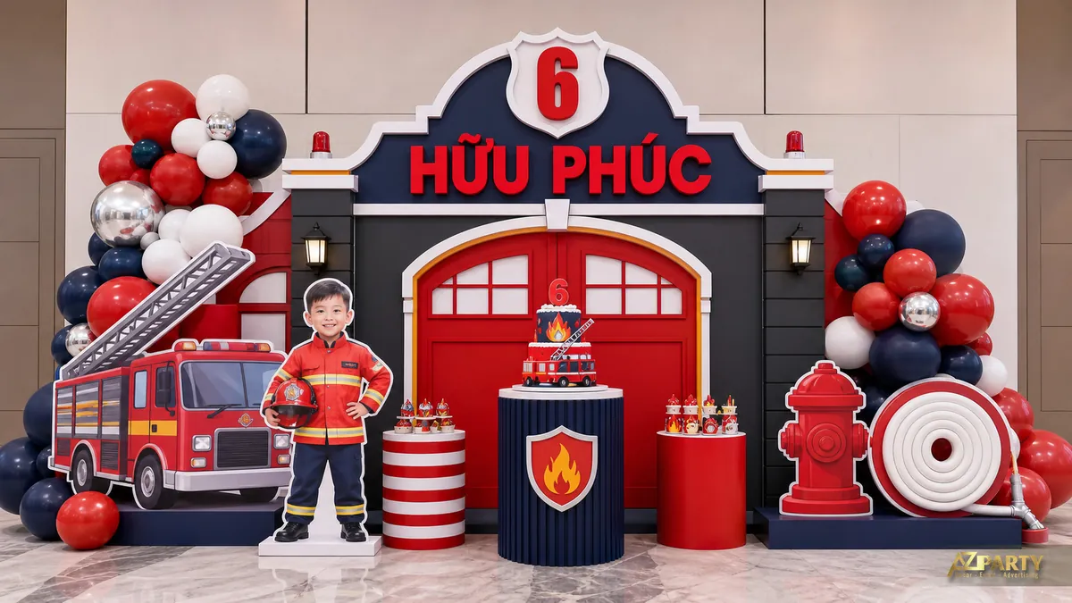 Backdrop cứu hỏa đỏ đen với xe cứu hỏa, số 6 và tên Hữu Phúc