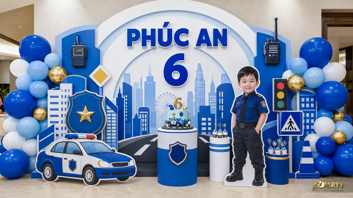 Chủ đề thành phố xanh dương với xe cảnh sát, tòa nhà và bảng tên Phúc An 6 tuổi