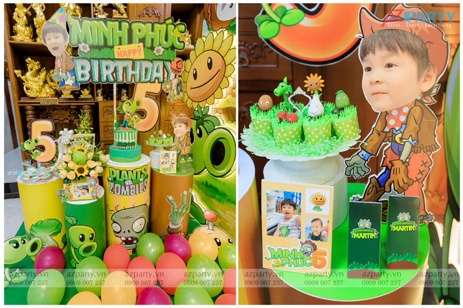 Chi tiết các góc trang trí bánh cupcake giả cỏ cỏ xanh tươi, mô hình nhân vật zombie và ảnh đáng yêu của bé Minh Phúc.
