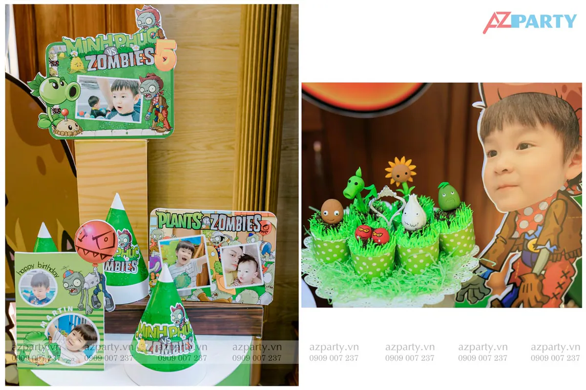Nón sinh nhật in họa tiết Plants vs Zombies và khay bánh cupcake tạo hình các nhân vật đáng yêu trong game.