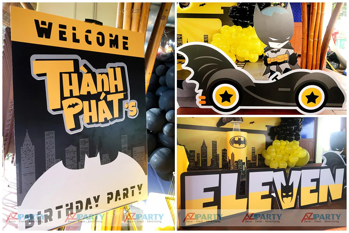 Các chi tiết trang trí phụ trợ gồm bảng chào khách, mô hình xe Batmobile và bộ chữ ELEVEN thiết kế theo logo Batman sáng tạo.
