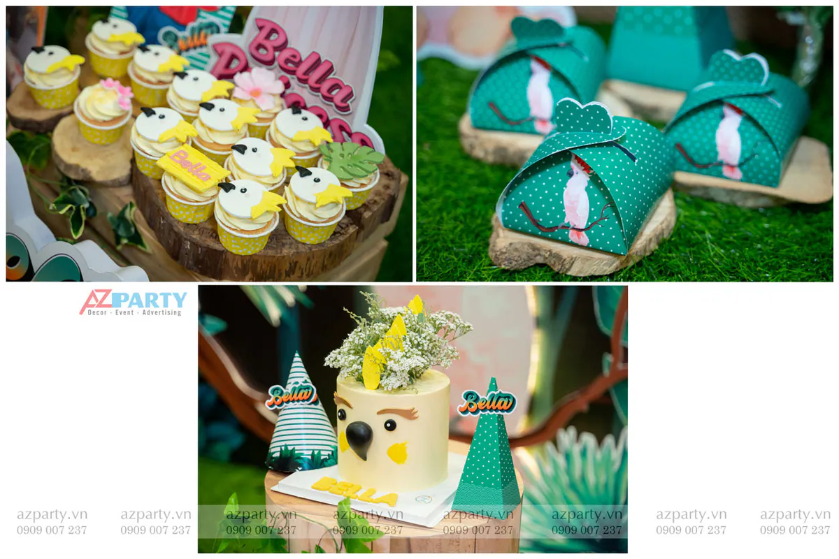 Hình ảnh so sánh chi tiết bánh kem sinh nhật, bánh cupcake vẽ hình chim vẹt và các hộp quà tặng màu xanh lá có in hình vẹt tinh tế.