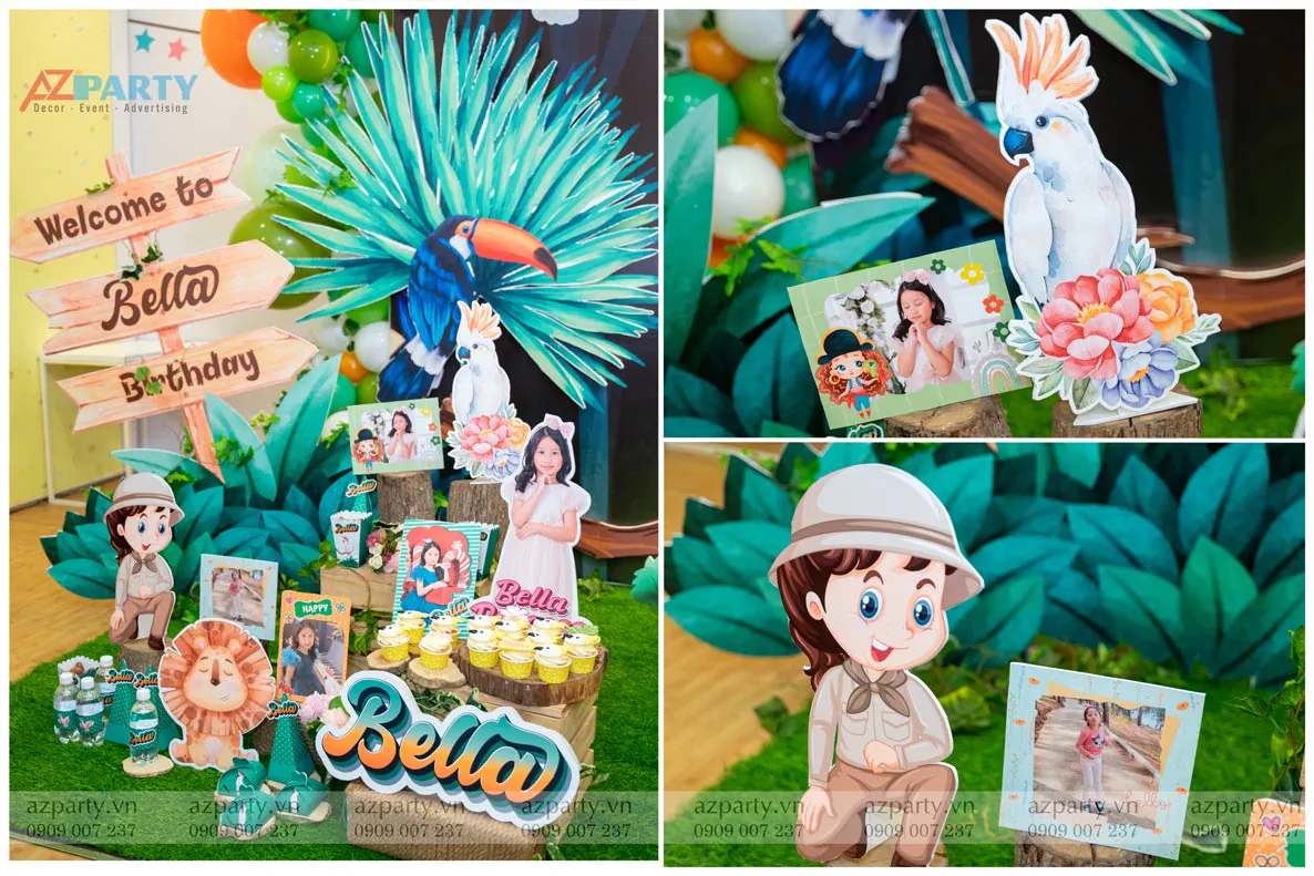 Hình ảnh so sánh chi tiết bảng tên 'Welcome to Bella Birthday', mô hình chim Toucan mỏ lớn và các hình cắt trang trí nhà thám hiểm đáng yêu.
