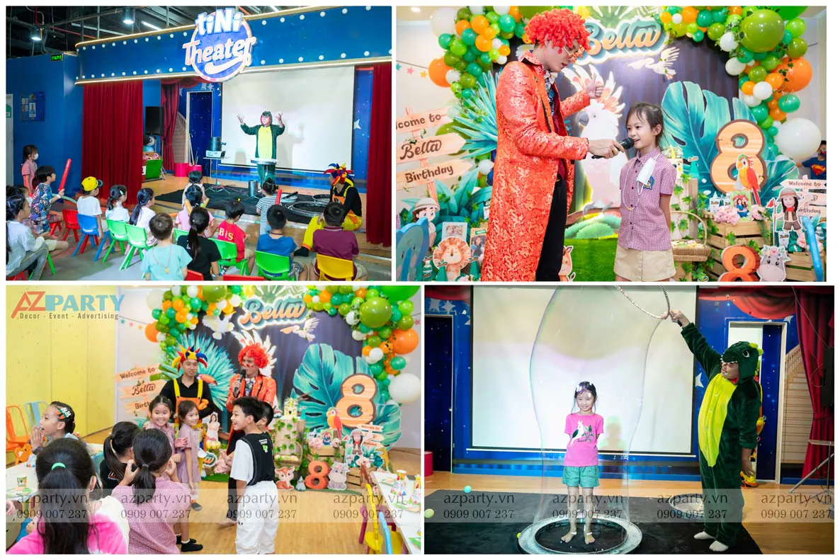 Hình ảnh ghép cho thấy các hoạt động vui chơi sôi nổi như chú hề hoạt náo, nghệ sĩ biểu diễn xiếc bong bóng xà phòng khổng lồ và ảo thuật tại tiNi Theater nhân ngày sinh nhật bé Bella.
