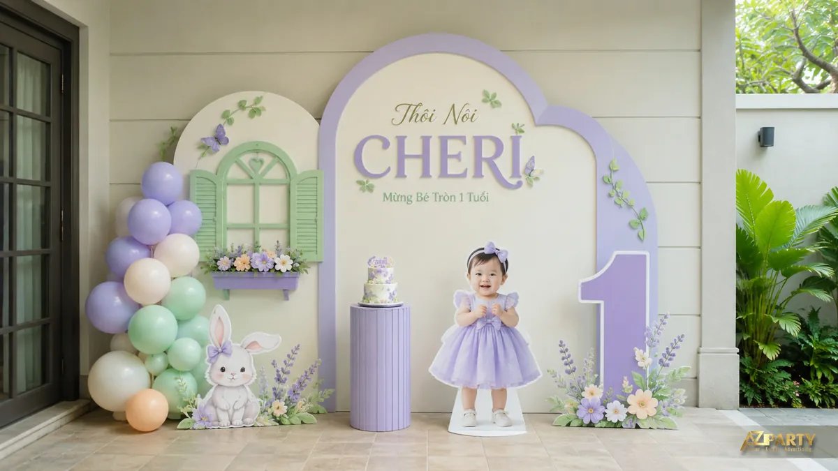 Backdrop thôi nôi Cheri màu tím lavender với khung cửa, hoa nhỏ và thỏ trắng