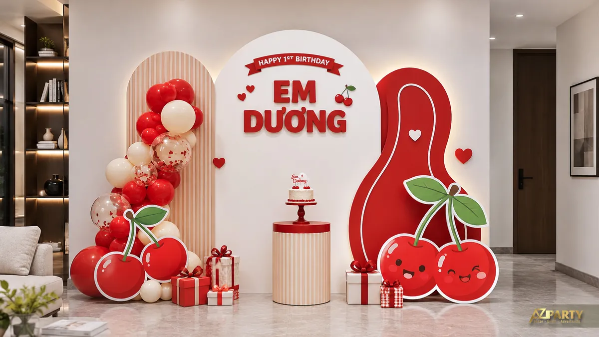 Backdrop sinh nhật Em Dương màu đỏ trắng với quả cherry, hộp quà và cụm bóng