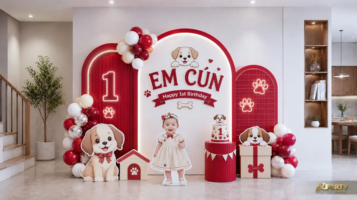 Góc thôi nôi Em Cún đỏ trắng với hai chú cún, dấu chân và bóng trang trí