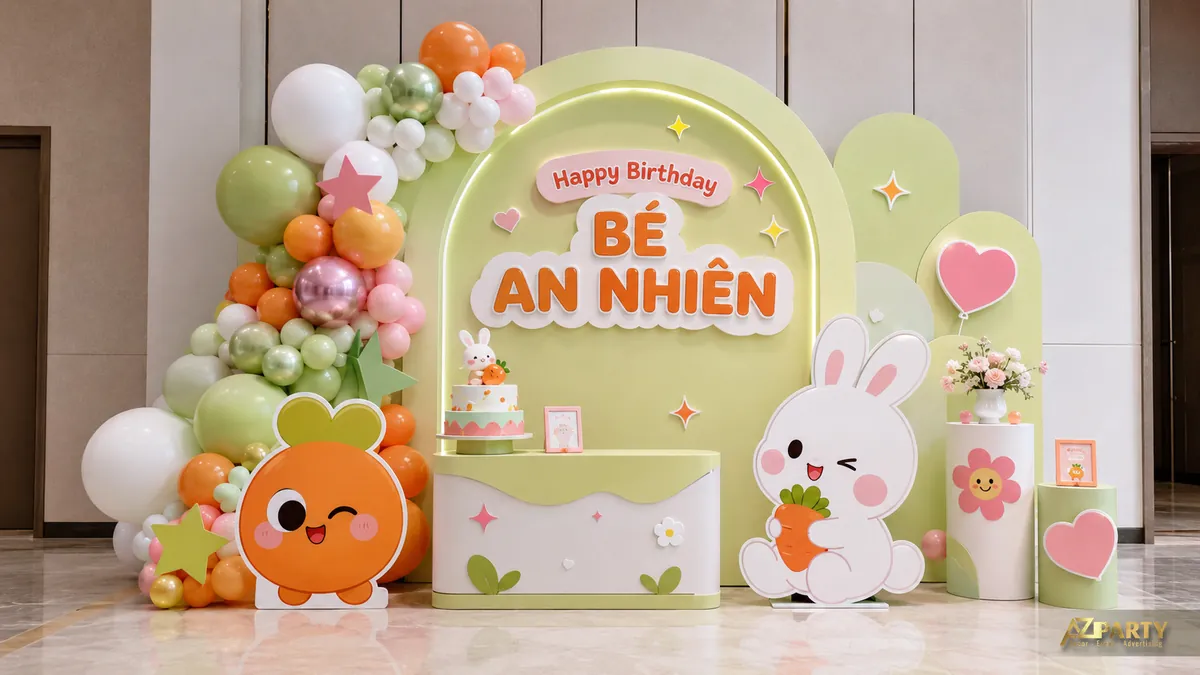 Backdrop sinh nhật An Nhiên xanh vàng pastel với thỏ trắng, nhân vật cam và cụm bóng