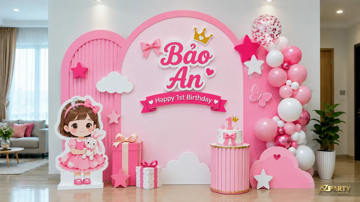 Backdrop sinh nhật Bảo An màu hồng với nơ lớn, búp bê và bóng pastel