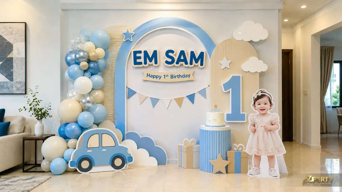 Góc thôi nôi Em Sam xanh kem với xe hơi, cờ dây và cụm bóng nhỏ
