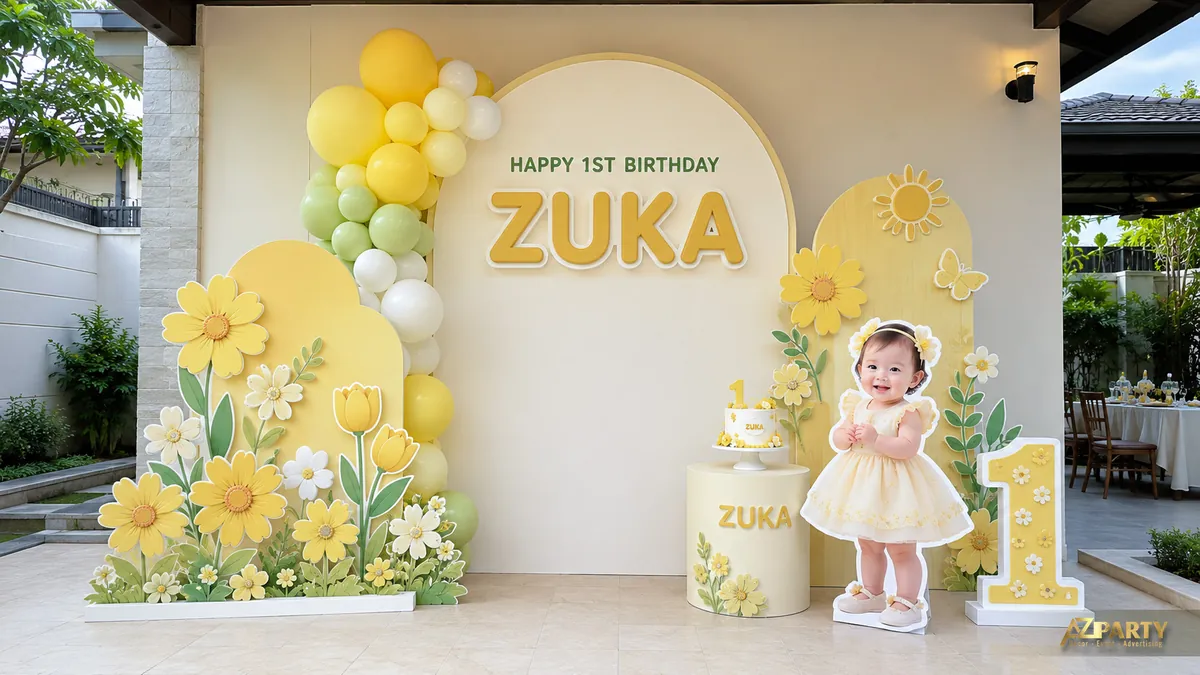 Góc thôi nôi Zuka màu vàng với hoa hướng dương, cụm bóng và ảnh bé