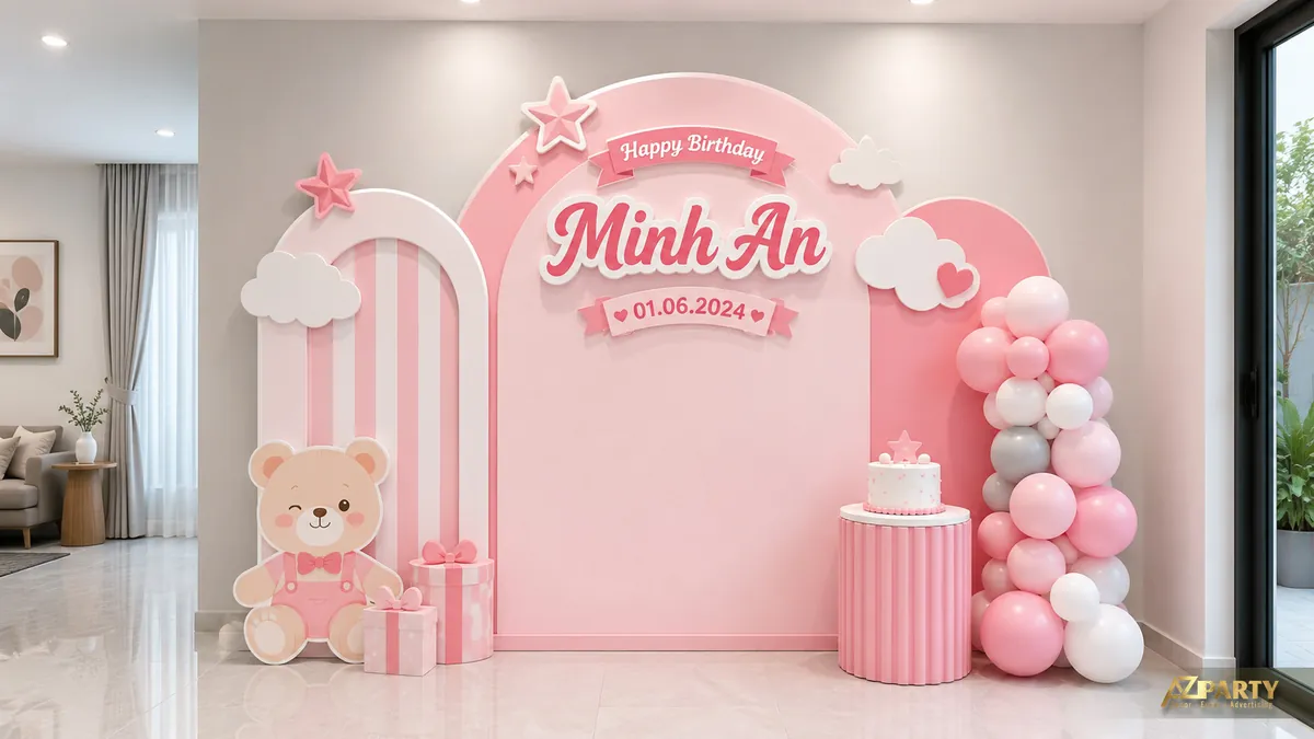 Góc sinh nhật Minh An màu hồng với gấu bông, hộp quà và cụm bóng