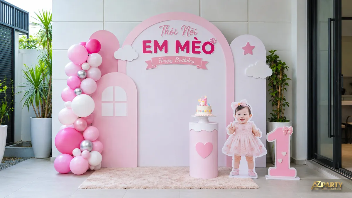 Backdrop thôi nôi Em Mèo hồng tím với khung vòm, cụm bóng và ảnh bé