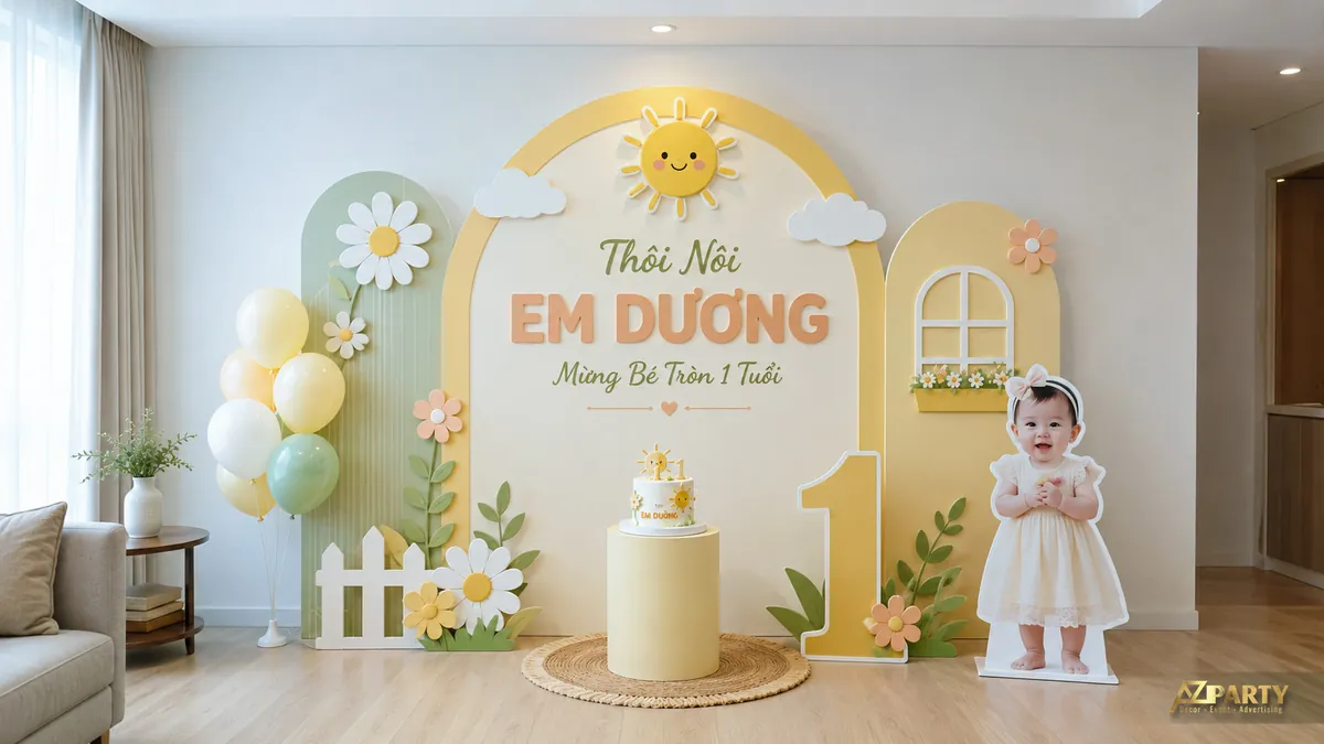 Backdrop thôi nôi Em Dương vàng xanh với hoa cúc, hàng rào trắng và ảnh bé