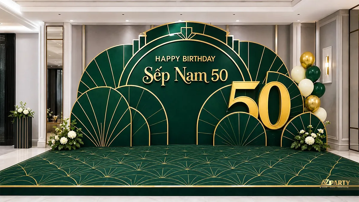 Backdrop sinh nhật sếp nam 50 tuổi tông xanh lá đậm gold, phối họa tiết hình học và số 50.
