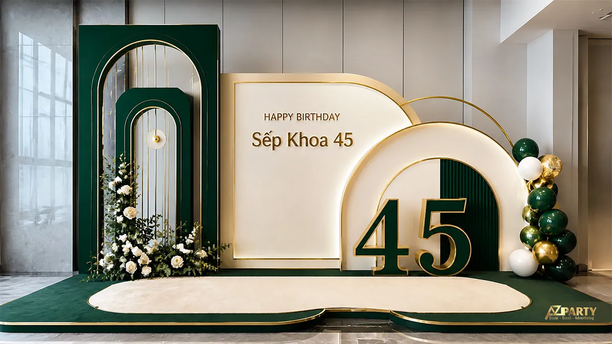 Backdrop sinh nhật sếp Khoa 45 tuổi tông xanh lá đậm gold, phối số 45, hoa trắng và bóng ánh kim.