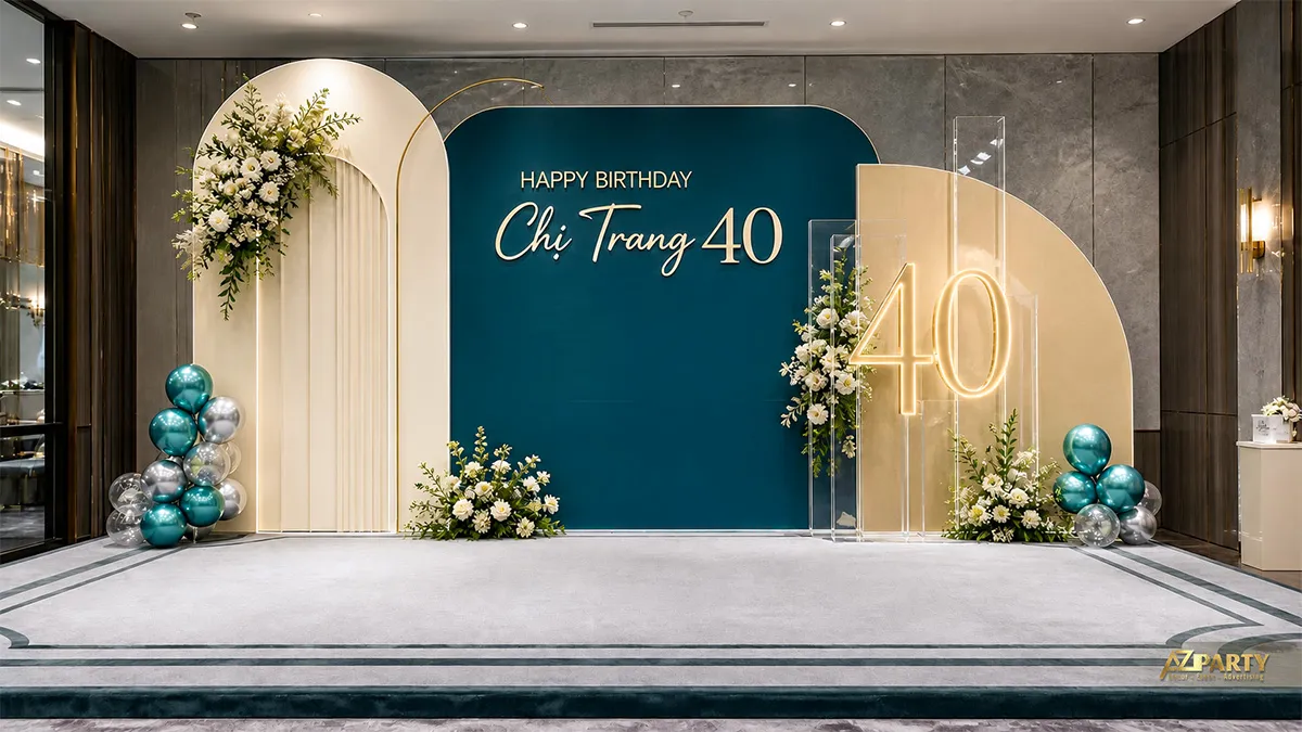 Backdrop sinh nhật chị Trang 40 tuổi tông xanh teal gold, phối số 40, hoa trắng và bóng ánh kim.