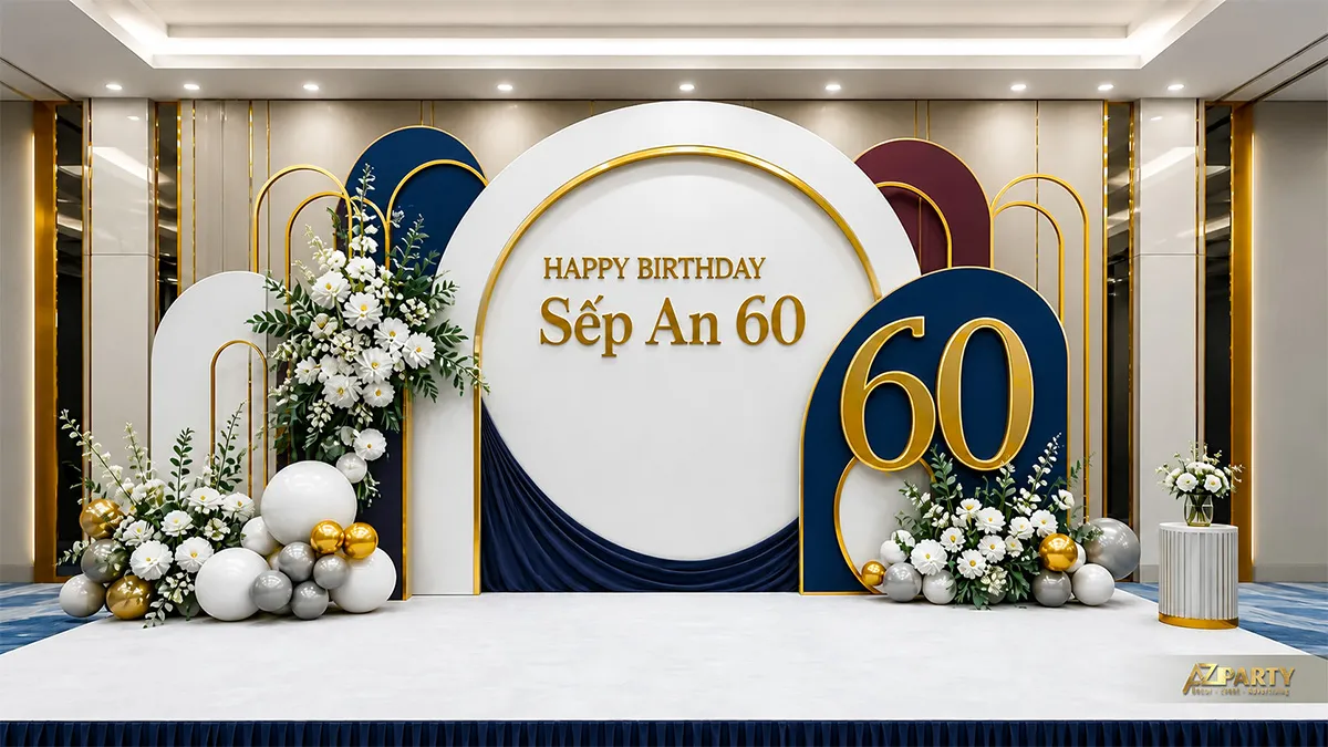 Backdrop sinh nhật sếp An 60 tuổi tông navy trắng gold, phối số 60, hoa trắng, rèm vải và bóng.