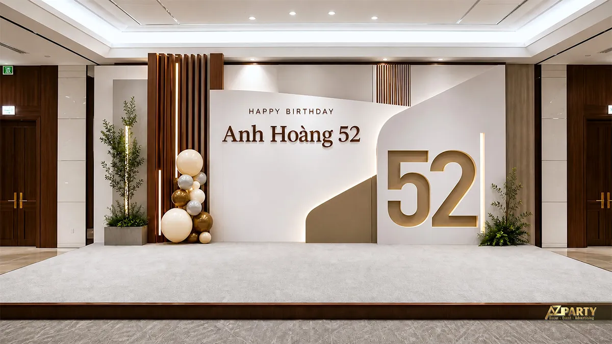 Backdrop sinh nhật Anh Hoàng 52 tuổi tông trắng kem gold, phối số 52, bóng và cây xanh.