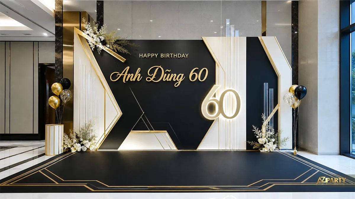 Backdrop sinh nhật Anh Dũng 60 tuổi tông đen gold, phối số 60, hoa trắng và bóng ánh kim.