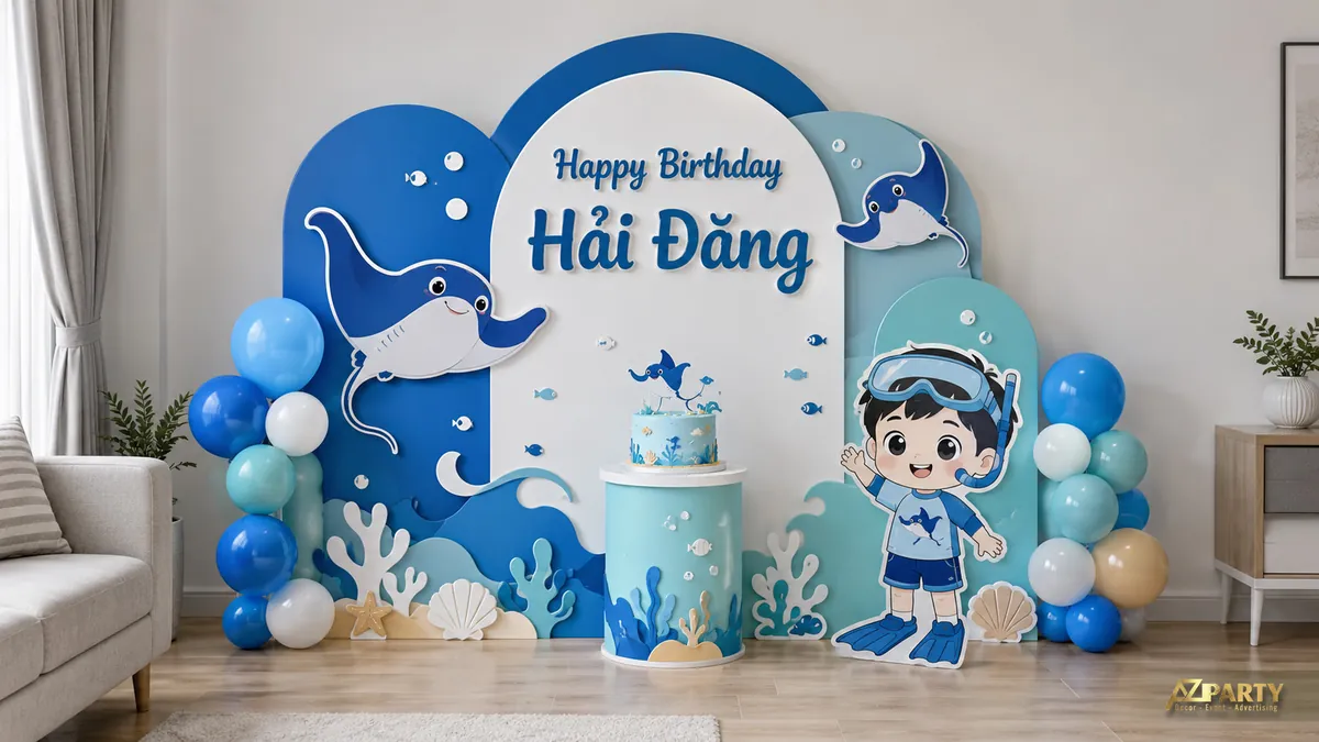 Backdrop sinh nhật Hải Đăng chủ đề đại dương với cá voi, san hô và cụm bóng xanh