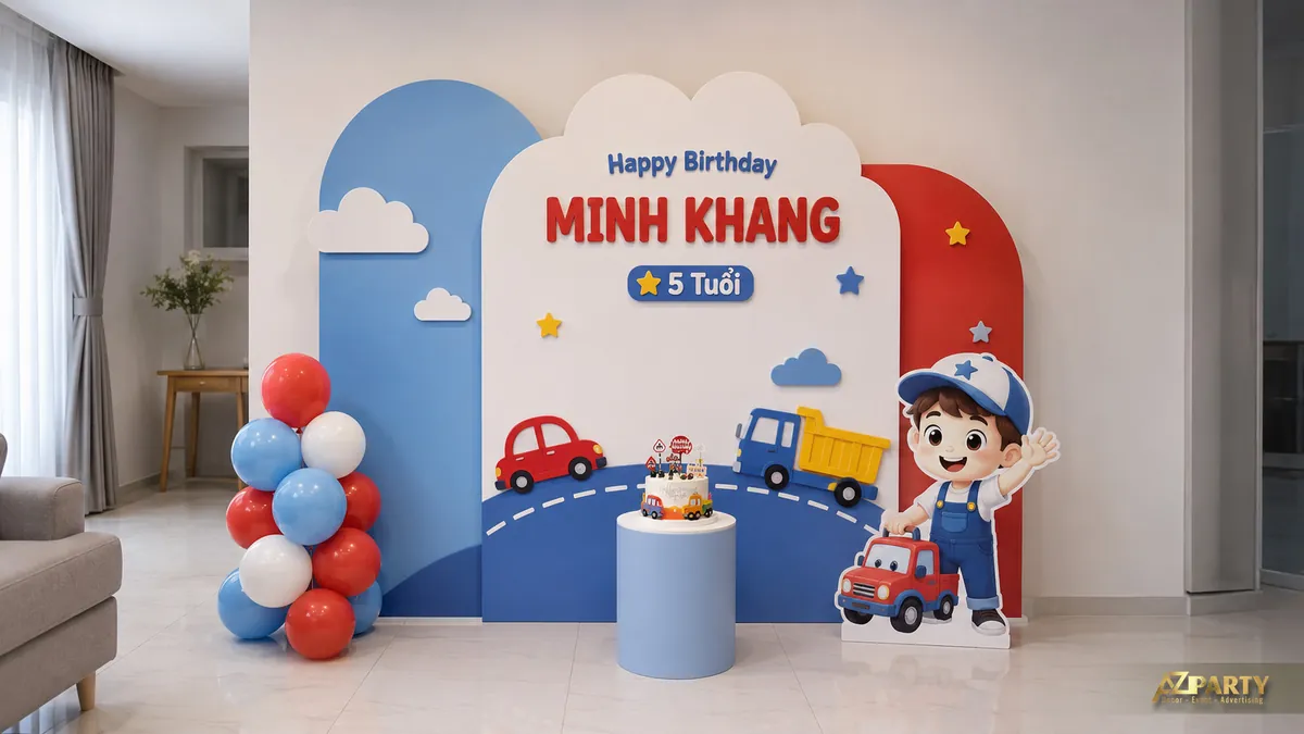 Backdrop sinh nhật Minh Khang 5 tuổi chủ đề giao thông với xe cứu hỏa và xe tải