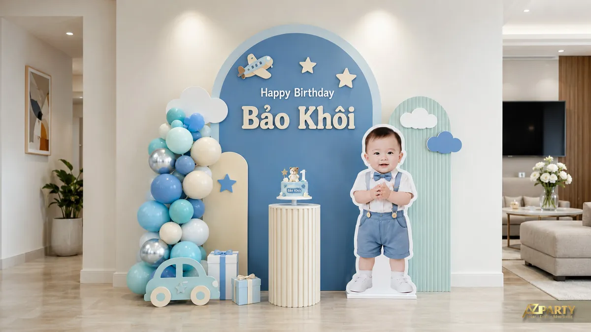 Backdrop sinh nhật Bảo Khôi màu xanh với trăng sao, mây và xe đồ chơi