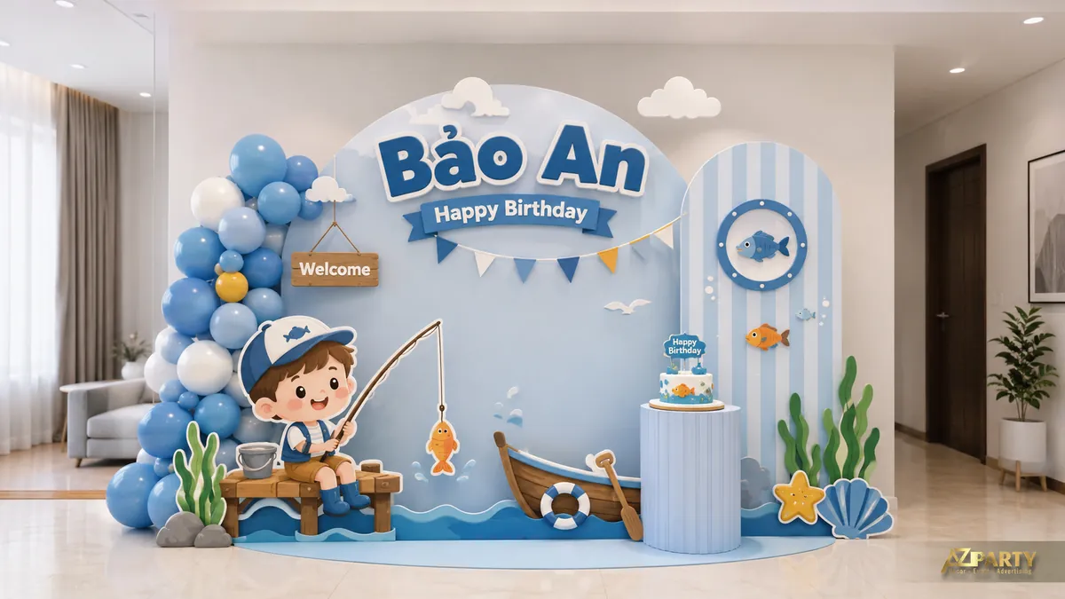 Góc sinh nhật Bảo An chủ đề câu cá bên biển với thuyền buồm và ngọn hải đăng
