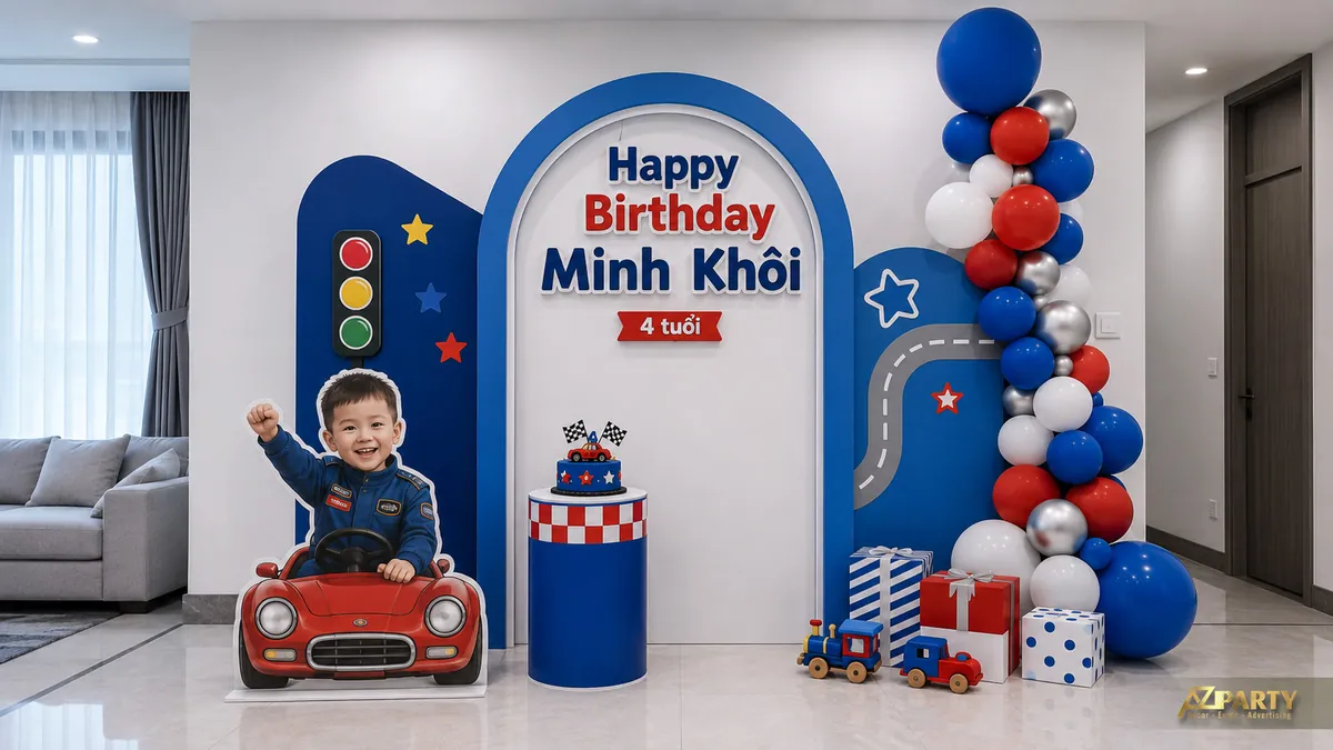 Góc sinh nhật Minh Khôi 4 tuổi chủ đề đường đua với xe đỏ, đèn giao thông và bóng bay
