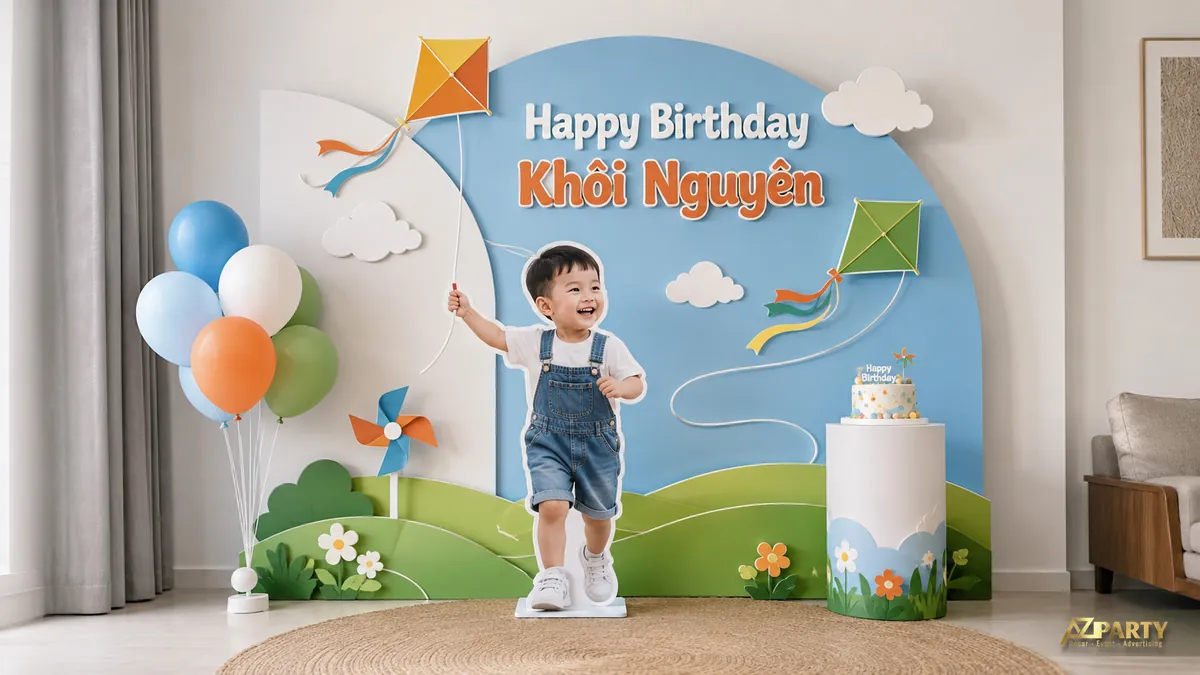 Mẫu sinh nhật Khôi Nguyên chủ đề thả diều với đồng cỏ và bầu trời xanh