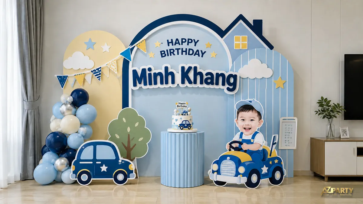 Backdrop Minh Khang chủ đề ngôi nhà và xe hơi xanh với cụm bóng xanh kem