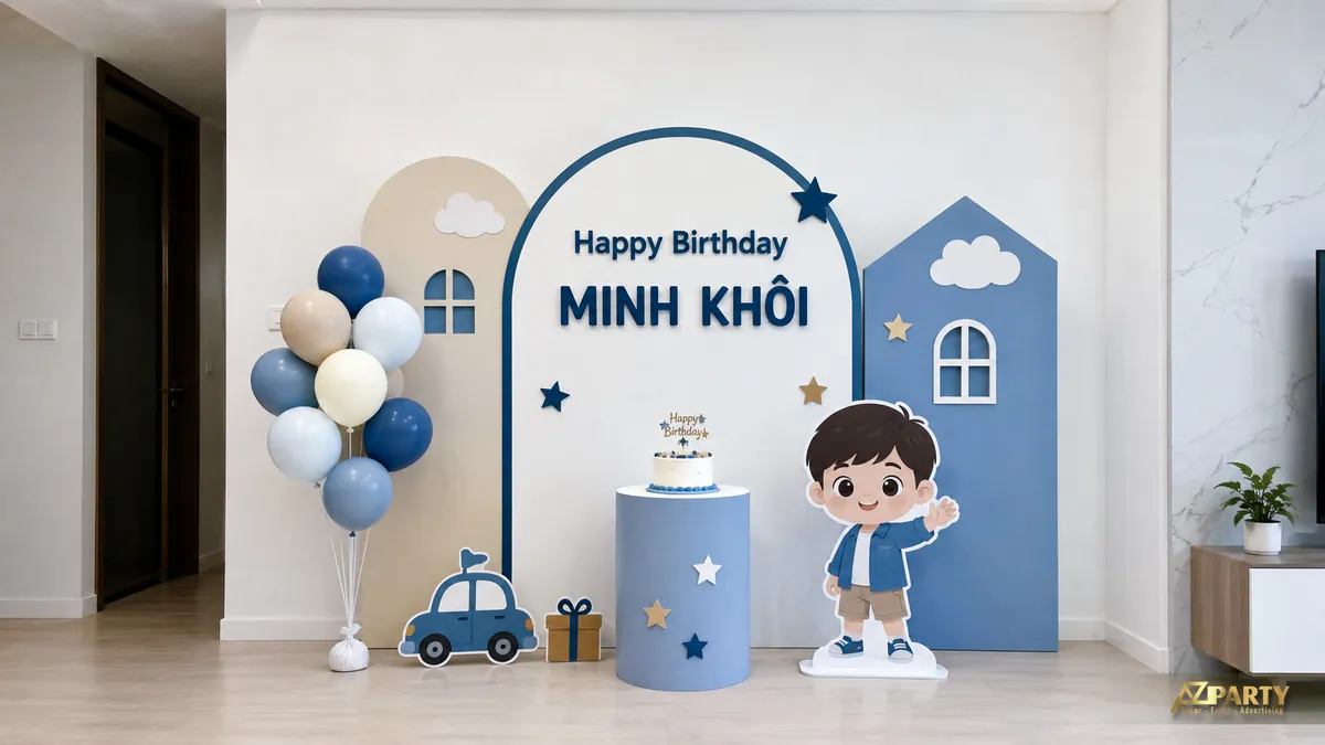 Backdrop xanh tối giản cho bé Minh Khôi với khung ngôi nhà và xe đồ chơi