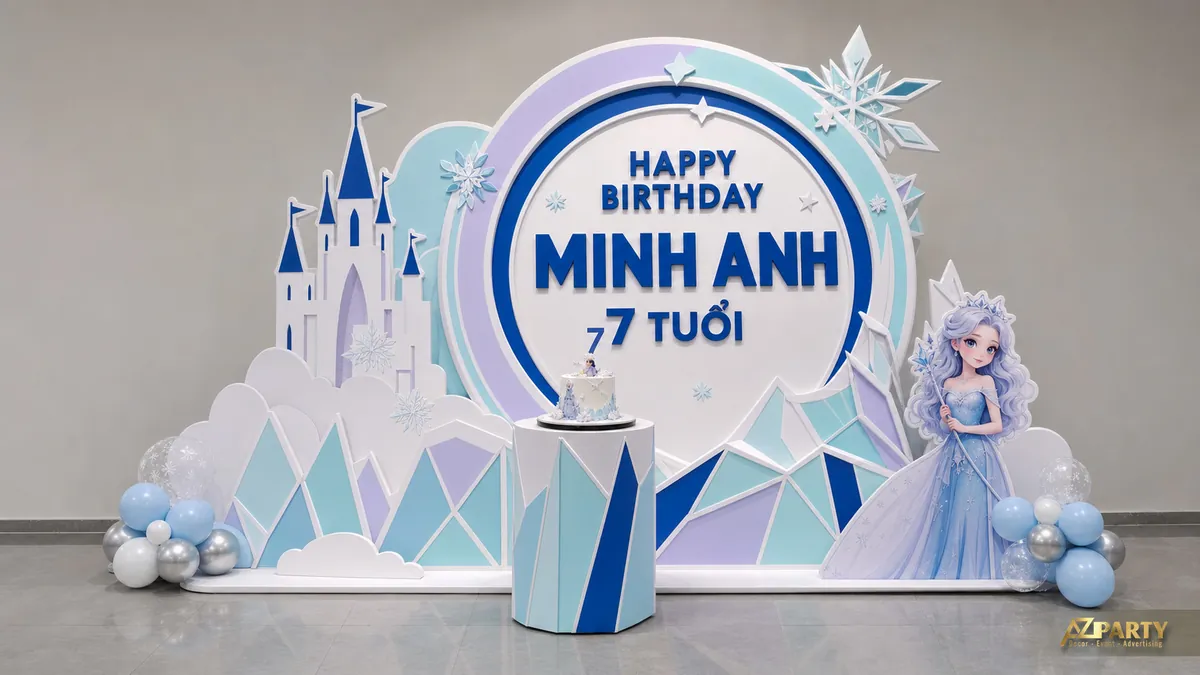 Backdrop Elsa cho bé Minh Anh 7 tuổi với lâu đài băng và những dãy núi xanh pastel